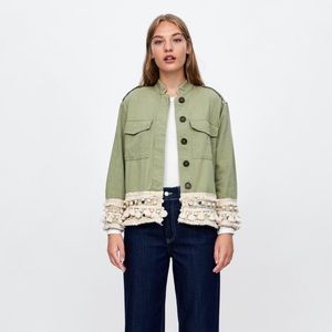 Zara Green Women's Outerwear Jacket with Tassels Parka
